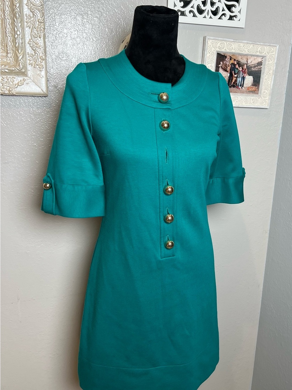Teal Short Sleeve Button Front Shift Dress - Picture 4 of 12